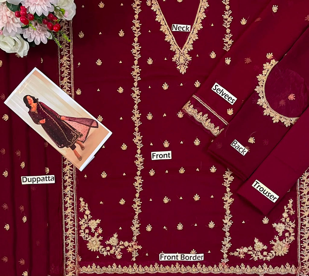 Heavy Embroidered Chiffon Front, Neck Patch & Embroidered side panel bunch