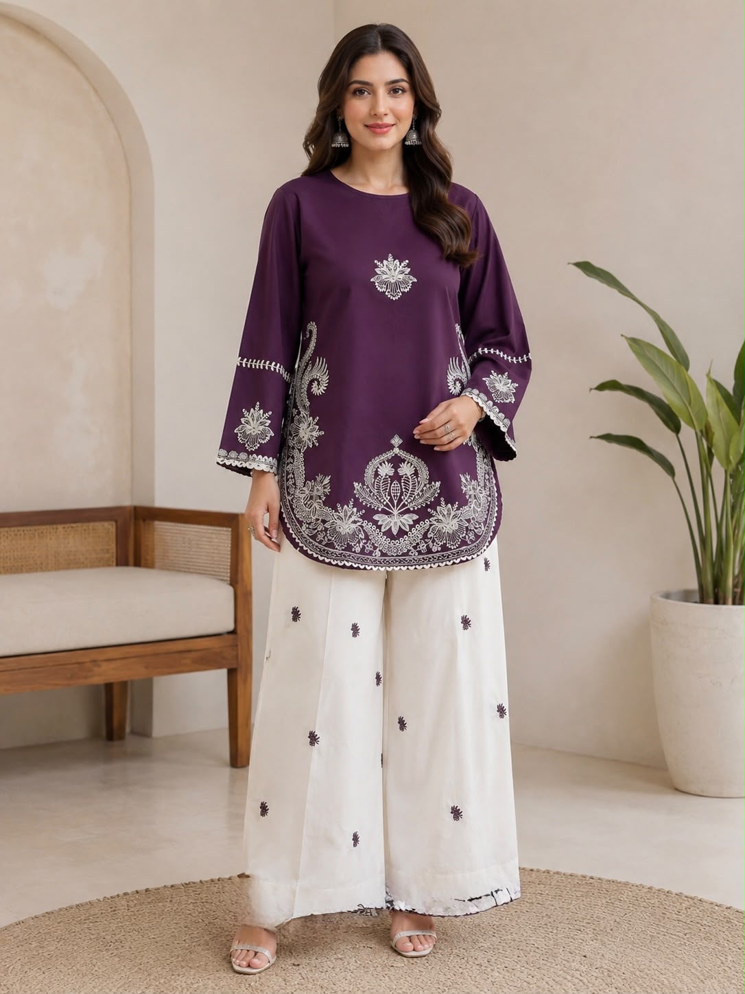 Trouser plain lawn with booty embroidery