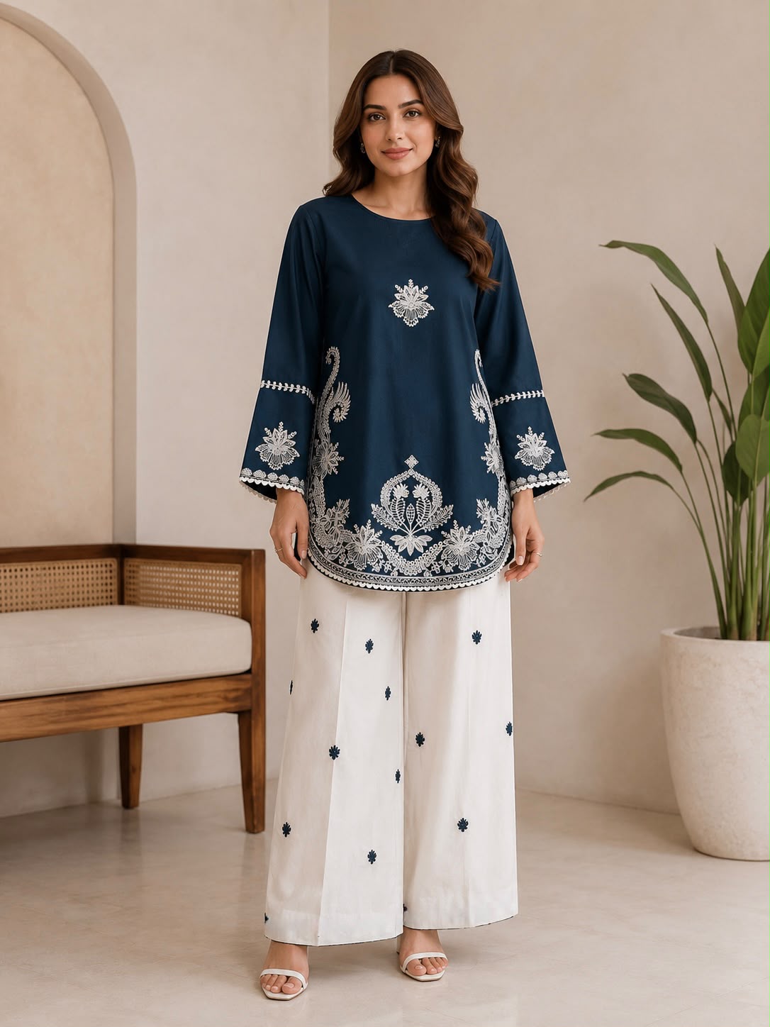 Trouser plain lawn with booty embroidery