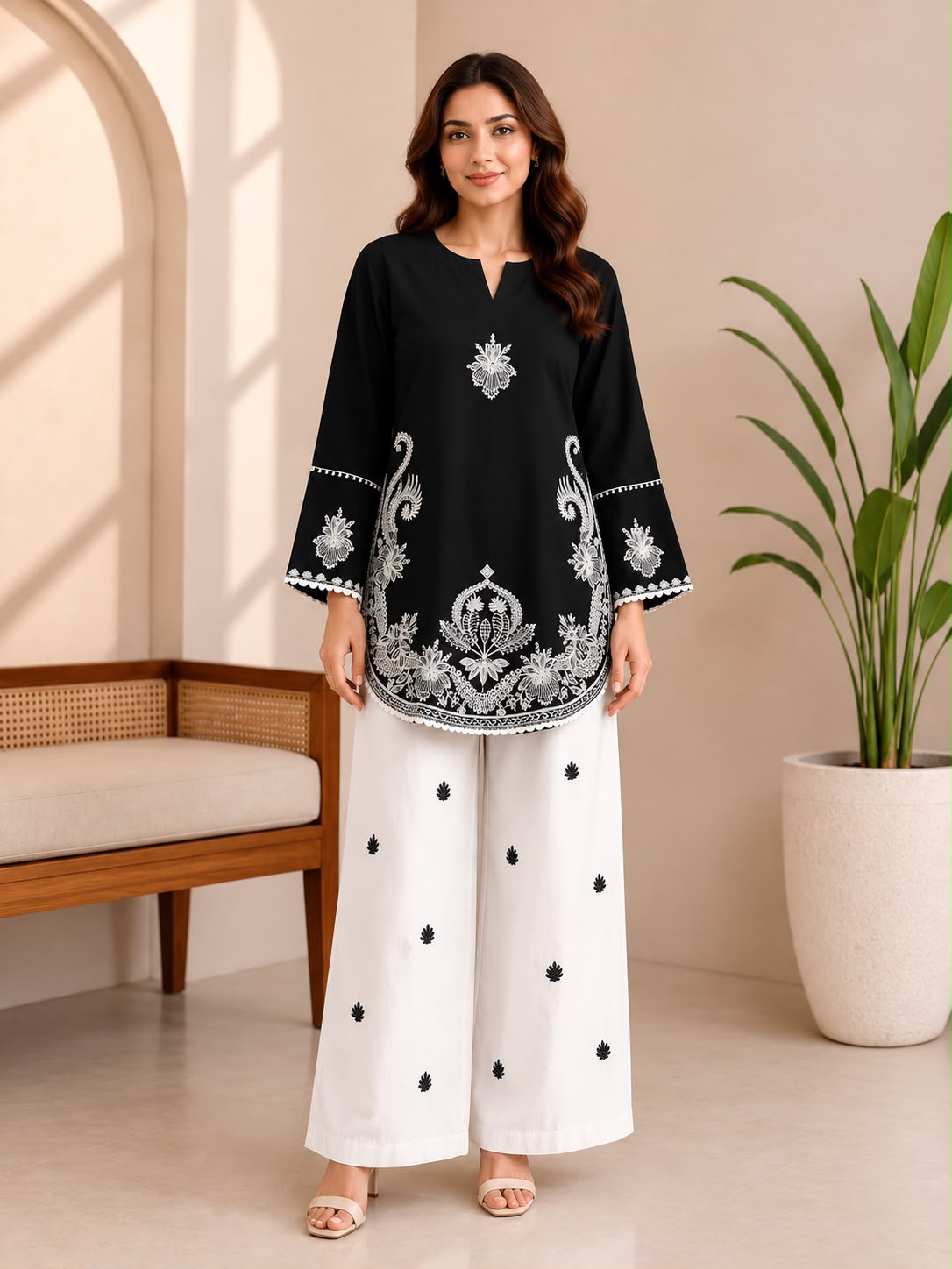 Trouser plain lawn with booty embroidery