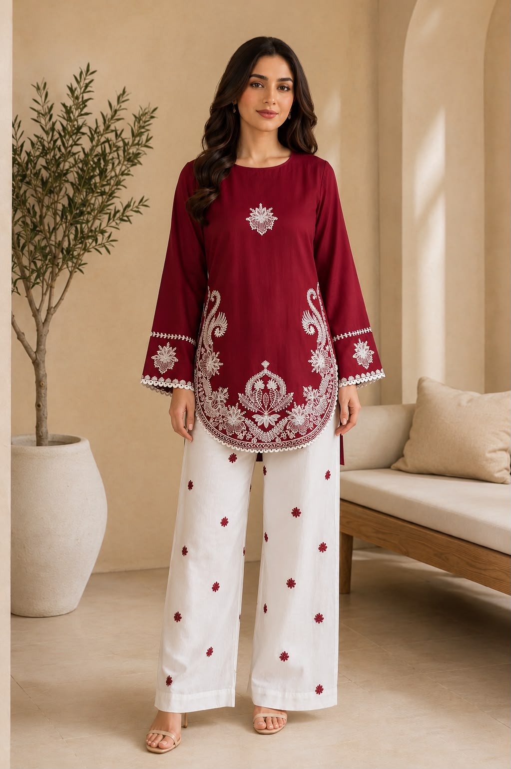 Trouser plain lawn with booty embroidery
